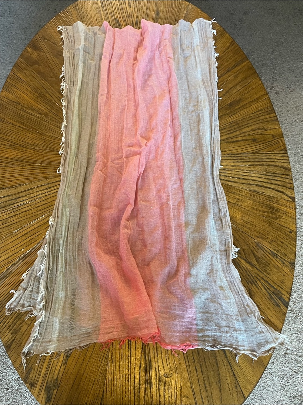 Emporio Armani 100% Cotton Pink and Beige Lightweight Fringe Scarf Made in Italy